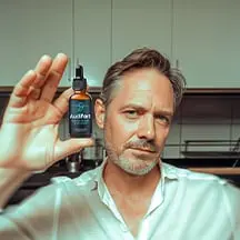 Audifort customer review — Mark T. age 58, man holding Audifort supplement bottle, verified customer improved hearing clarity