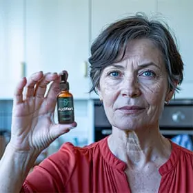 Audifort customer review — Linda K. age 61, woman holding Audifort hearing supplement, 5-star verified customer tinnitus results