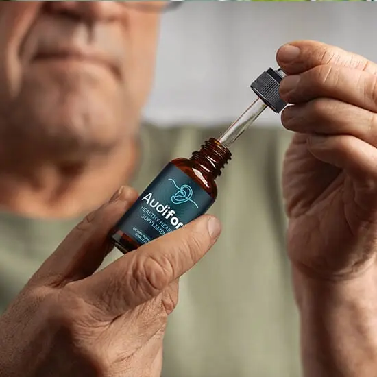 Audifort supplement bottle — Healthy Hearing Supplement, 60ml liquid drops, natural tinnitus relief, FDA-registered, official Audifort website