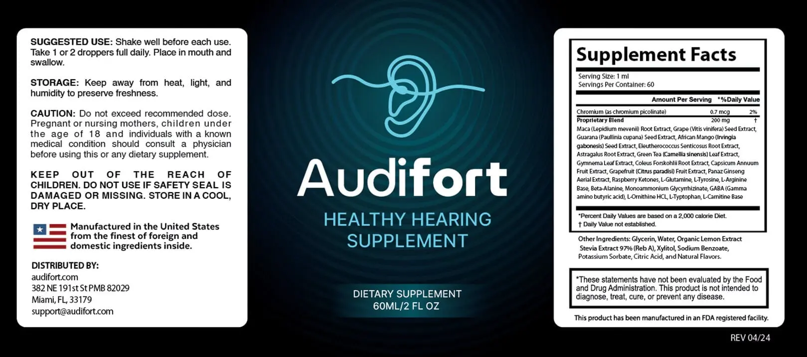 Audifort supplement facts label — full Audifort ingredient list, proprietary blend, GABA, Maca Root, Ginkgo Biloba, serving size 1ml, 60 servings